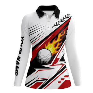 White Golf Ball Flame Womens golf polos shirts custom golf apparel for women, unique golf gifts | Red NQS7485