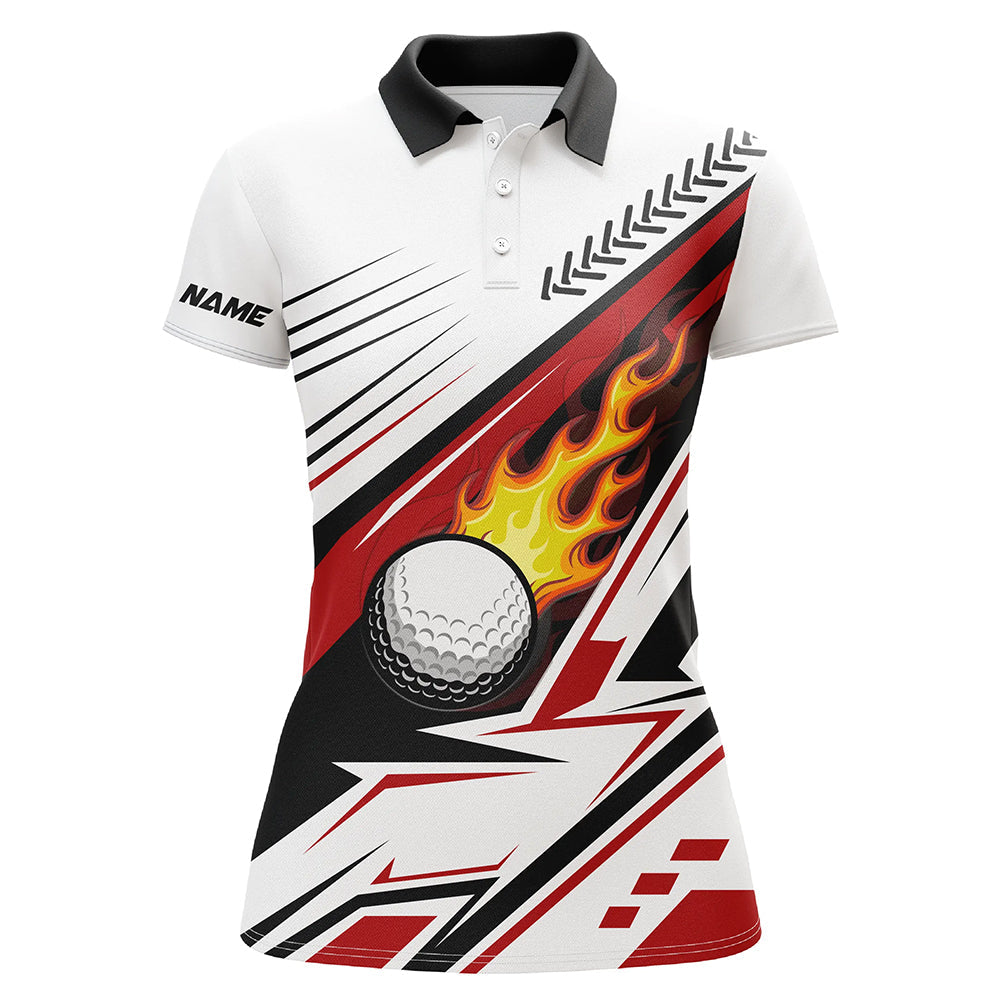 White Golf Ball Flame Womens golf polos shirts custom golf apparel for women, unique golf gifts | Red NQS7485