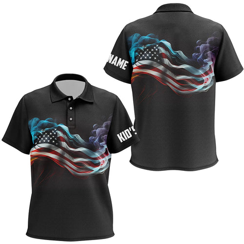 Kid golf polos shirt custom smoke American flag patriotic black golf tops for Kid, golfing gifts NQS7632