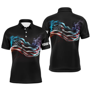 Mens golf polo shirts custom smoke American flag patriotic black golf tops for mens, golfing gifts NQS7632