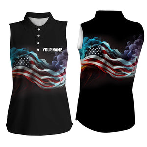 Womens sleeveless polo shirt custom smoke American flag patriotic black golf tops for ladies NQS7632