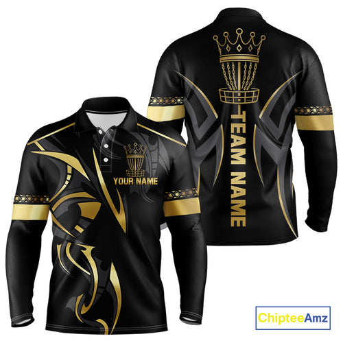 Black and Gold crown Disc golf polo shirts for Mens Custom Disc Golf Team jerseys, disc golf gifts NQS10126