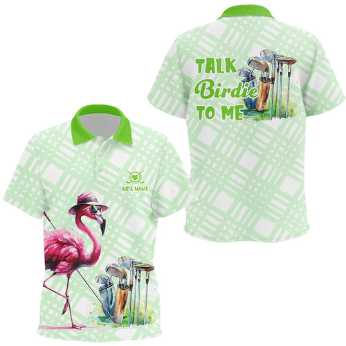 Kid golf polos shirt custom green flamingo pattern golf shirts talk birdie to me NQS8063