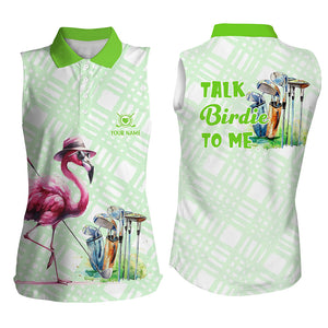 Womens sleeveless golf polo shirts custom green flamingo pattern golf shirts talk birdie to me NQS8063