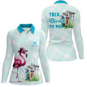 Womens golf polo shirts custom pink flamingo blue pattern golf shirts talk birdie to me NQS8064