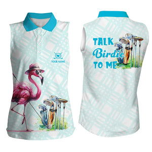 Womens sleeveless golf polo shirts custom pink flamingo blue pattern golf shirts talk birdie to me NQS8064