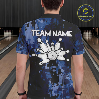 Blue Camo Bowling Polo, Quarter Zip Shirts For Men Custom Bowling Team Jerseys, Gift For Bowlers NQS10454