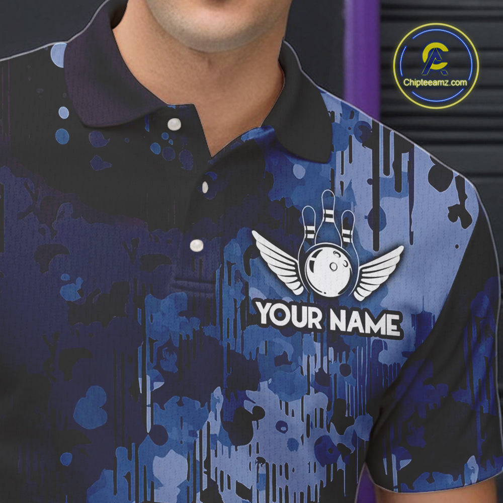 Blue Camo Bowling Polo, Quarter Zip Shirts For Men Custom Bowling Team Jerseys, Gift For Bowlers NQS10454