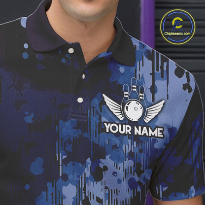 Blue Camo Bowling Polo, Quarter Zip Shirts For Men Custom Bowling Team Jerseys, Gift For Bowlers NQS10454