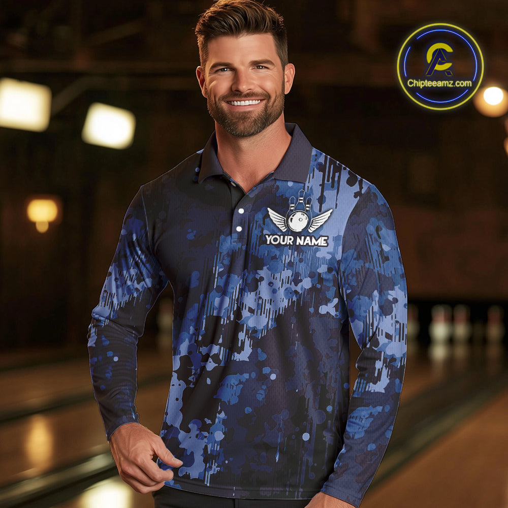 Blue Camo Bowling Polo, Quarter Zip Shirts For Men Custom Bowling Team Jerseys, Gift For Bowlers NQS10454