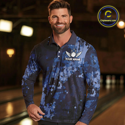 Blue Camo Bowling Polo, Quarter Zip Shirts For Men Custom Bowling Team Jerseys, Gift For Bowlers NQS10454