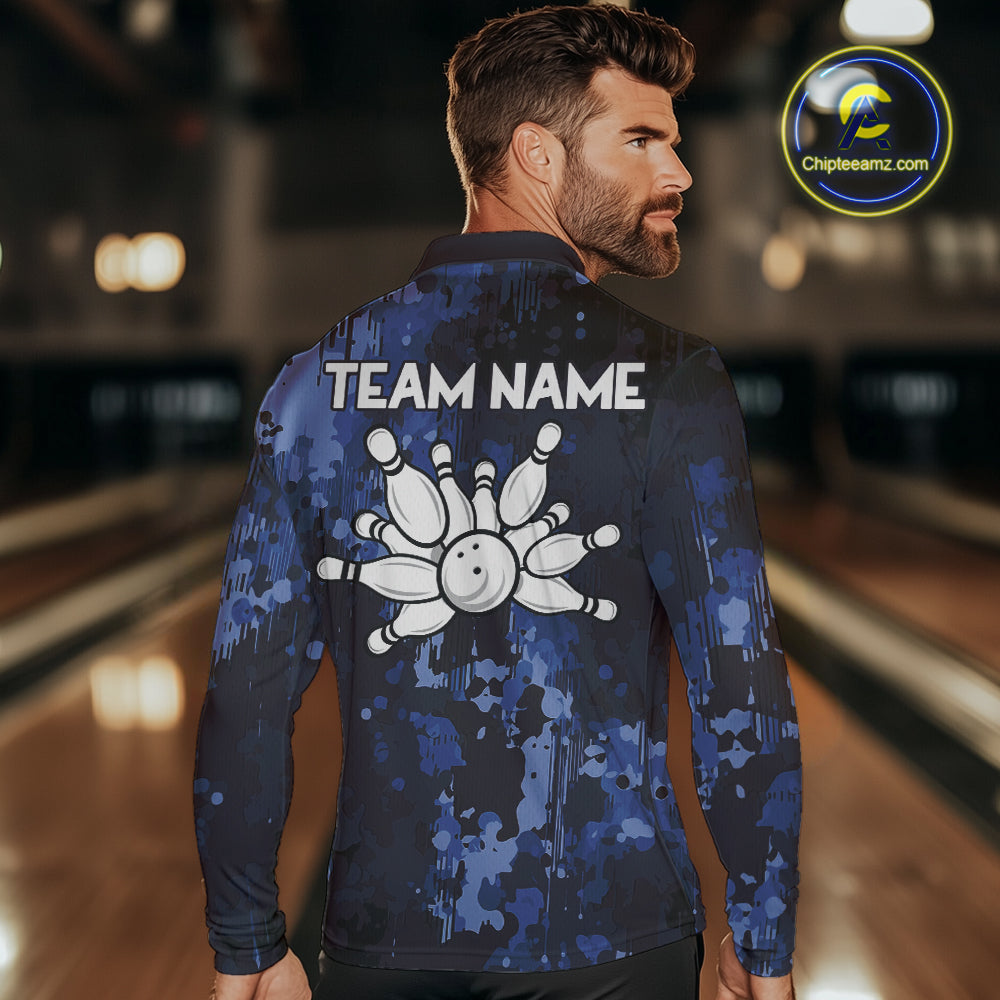 Blue Camo Bowling Polo, Quarter Zip Shirts For Men Custom Bowling Team Jerseys, Gift For Bowlers NQS10454