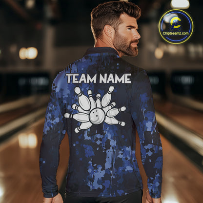 Blue Camo Bowling Polo, Quarter Zip Shirts For Men Custom Bowling Team Jerseys, Gift For Bowlers NQS10454