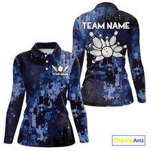 Load image into Gallery viewer, Blue Camo Bowling Polo, Quarter Zip Shirts For Women Custom Bowling Team Jerseys, Gift For Bowlers NQS10454