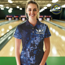 Load image into Gallery viewer, Blue Camo Bowling Polo, Quarter Zip Shirts For Women Custom Bowling Team Jerseys, Gift For Bowlers NQS10454