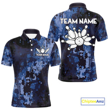 Load image into Gallery viewer, Blue Camo Bowling Polo, Quarter Zip Shirts For Men Custom Bowling Team Jerseys, Gift For Bowlers NQS10454