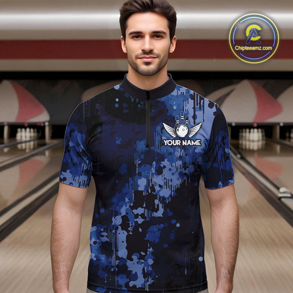 Blue Camo Bowling Polo, Quarter Zip Shirts For Men Custom Bowling Team Jerseys, Gift For Bowlers NQS10454