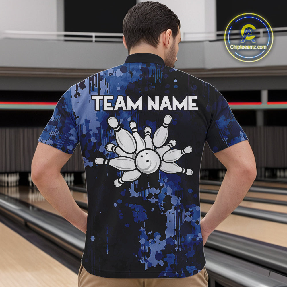 Blue Camo Bowling Polo, Quarter Zip Shirts For Men Custom Bowling Team Jerseys, Gift For Bowlers NQS10454