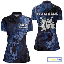 Load image into Gallery viewer, Blue Camo Bowling Polo, Quarter Zip Shirts For Women Custom Bowling Team Jerseys, Gift For Bowlers NQS10454