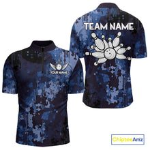 Load image into Gallery viewer, Blue Camo Bowling Polo, Quarter Zip Shirts For Men Custom Bowling Team Jerseys, Gift For Bowlers NQS10454