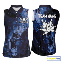 Load image into Gallery viewer, Blue Camo Bowling Sleeveless Polo Shirt For Women Custom Bowling Team Jerseys, Gift For Bowlers NQS10454