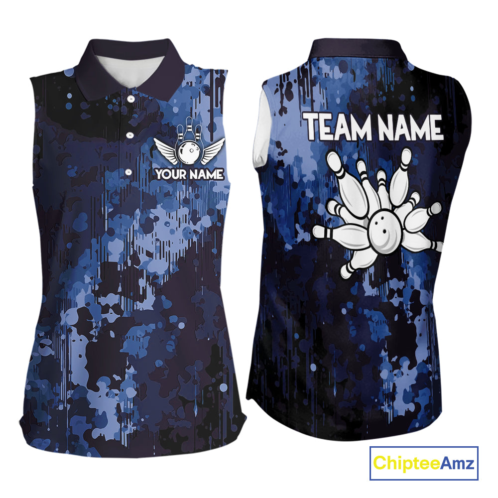 Blue Camo Bowling Sleeveless Polo Shirt For Women Custom Bowling Team Jerseys, Gift For Bowlers NQS10454