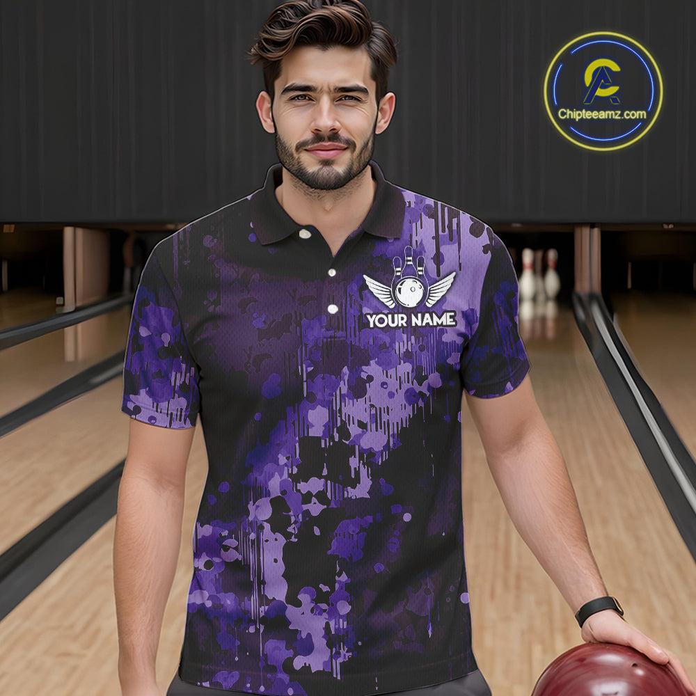 Purple Camo Bowling Polo, Quarter Zip Shirts For Men Custom Bowling Team Jerseys, Gift For Bowlers NQS10455