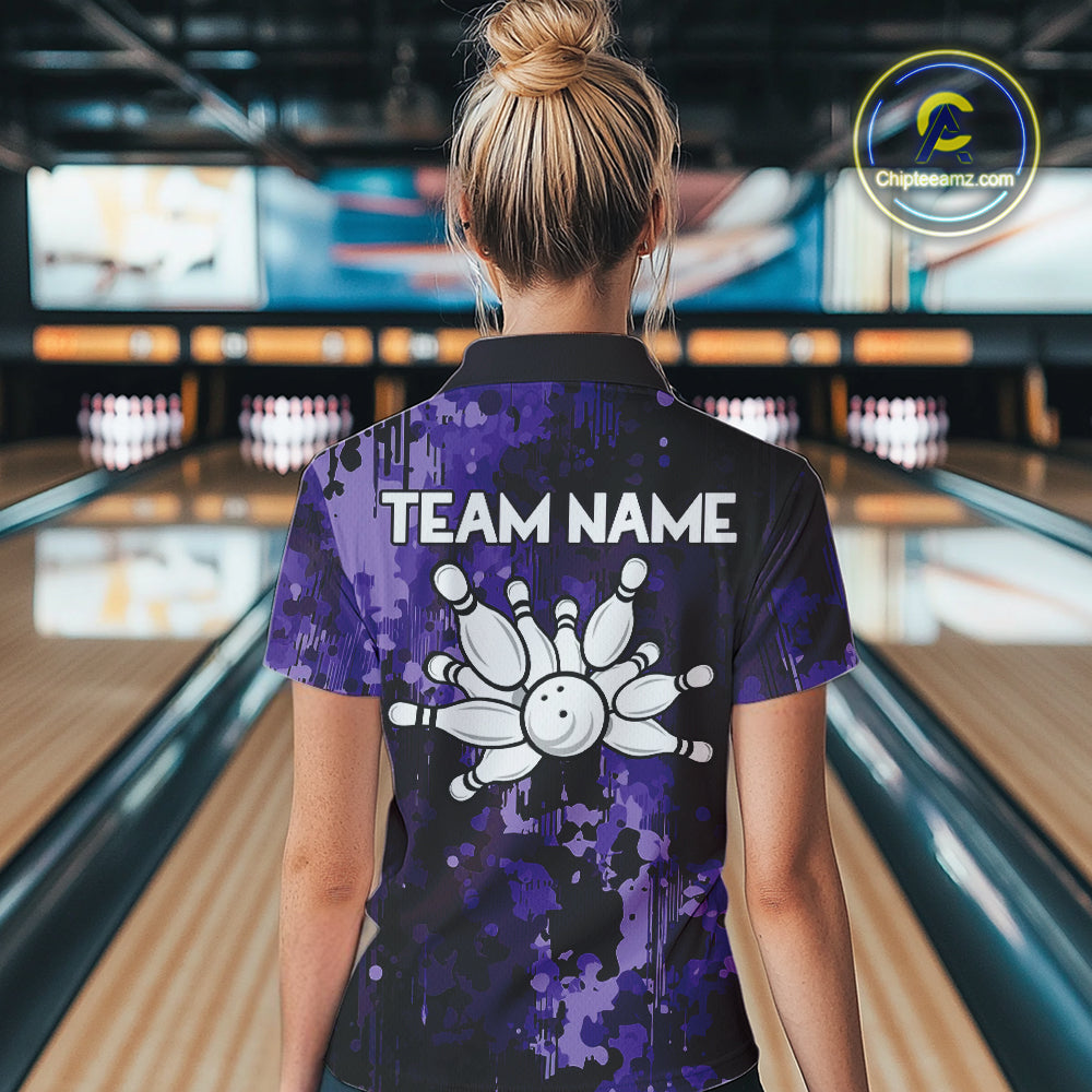 Purple Camo Bowling Polo, Quarter Zip Shirts For Women Custom Bowling Team Jerseys, Gift For Bowlers NQS10455