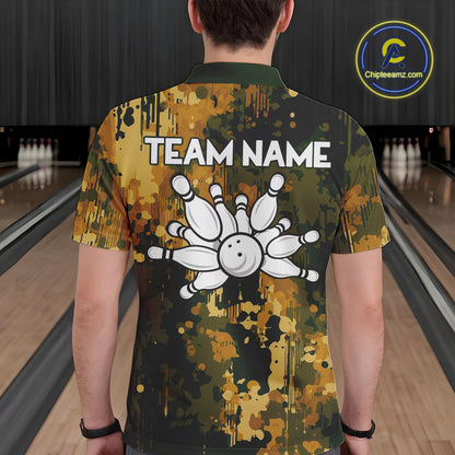 Yellow Camo Bowling Polo, Quarter Zip Shirts For Men Custom Bowling Team Jerseys, Gift For Bowlers NQS10456