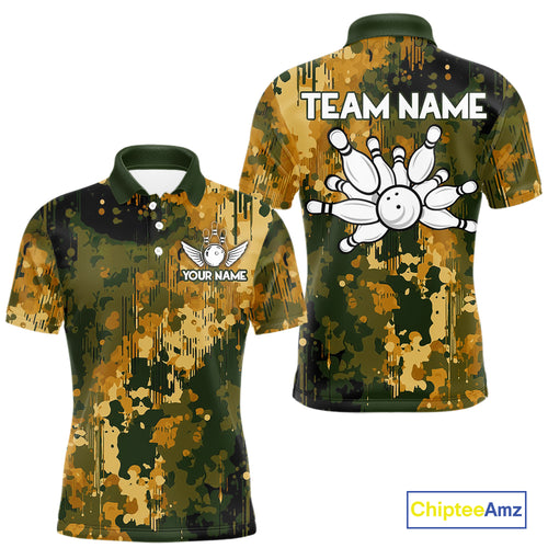 Yellow Camo Bowling Polo, Quarter Zip Shirts For Men Custom Bowling Team Jerseys, Gift For Bowlers NQS10456