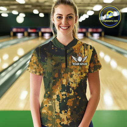 Yellow Camo Bowling Polo, Quarter Zip Shirts For Women Custom Bowling Team Jerseys, Gift For Bowlers NQS10456