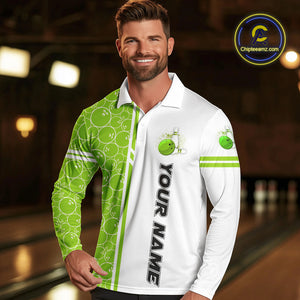 Men Bowling Polo, 1/4 Zip Shirt Custom white & green camo vintage bowling shirts, mens bowling jersey NQS10457