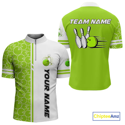 Men Bowling Polo, 1/4 Zip Shirt Custom white & green camo vintage bowling shirts, mens bowling jersey NQS10457
