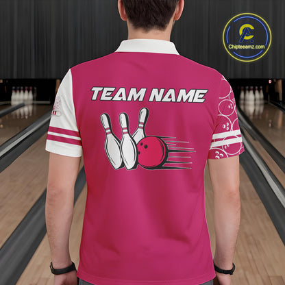 Men Bowling Polo, 1/4 Zip Shirt Custom white & pink camo vintage bowling shirts, mens bowling jersey NQS10458