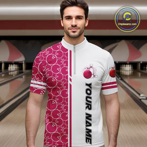 Men Bowling Polo, 1/4 Zip Shirt Custom white & pink camo vintage bowling shirts, mens bowling jersey NQS10458