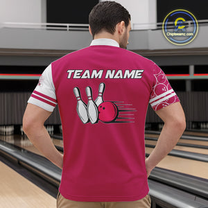 Men Bowling Polo, 1/4 Zip Shirt Custom white & pink camo vintage bowling shirts, mens bowling jersey NQS10458