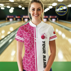 Women Bowling Polo, 1/4 Zip Shirt Custom retro white and pink camo vintage ladies bowling jerseys NQS10458