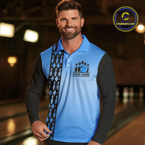 Personalized Black and Blue Retro Bowling Polo, Quarter Zip Team Shirts For Men Custom Bowling Gifts NQS10459