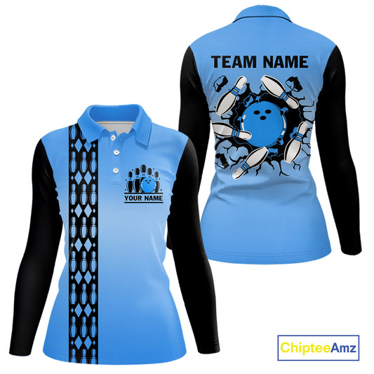 Personalized Black and Blue Retro Bowling Polo, Quarter Zip Team Shirts For Women Custom Bowling Gift NQS10459