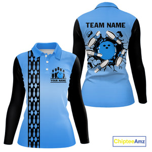 Personalized Black and Blue Retro Bowling Polo, Quarter Zip Team Shirts For Women Custom Bowling Gift NQS10459