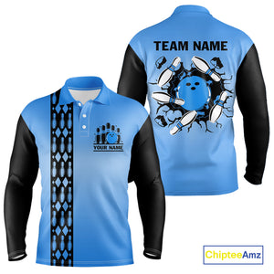 Personalized Black and Blue Retro Bowling Polo, Quarter Zip Team Shirts For Men Custom Bowling Gifts NQS10459