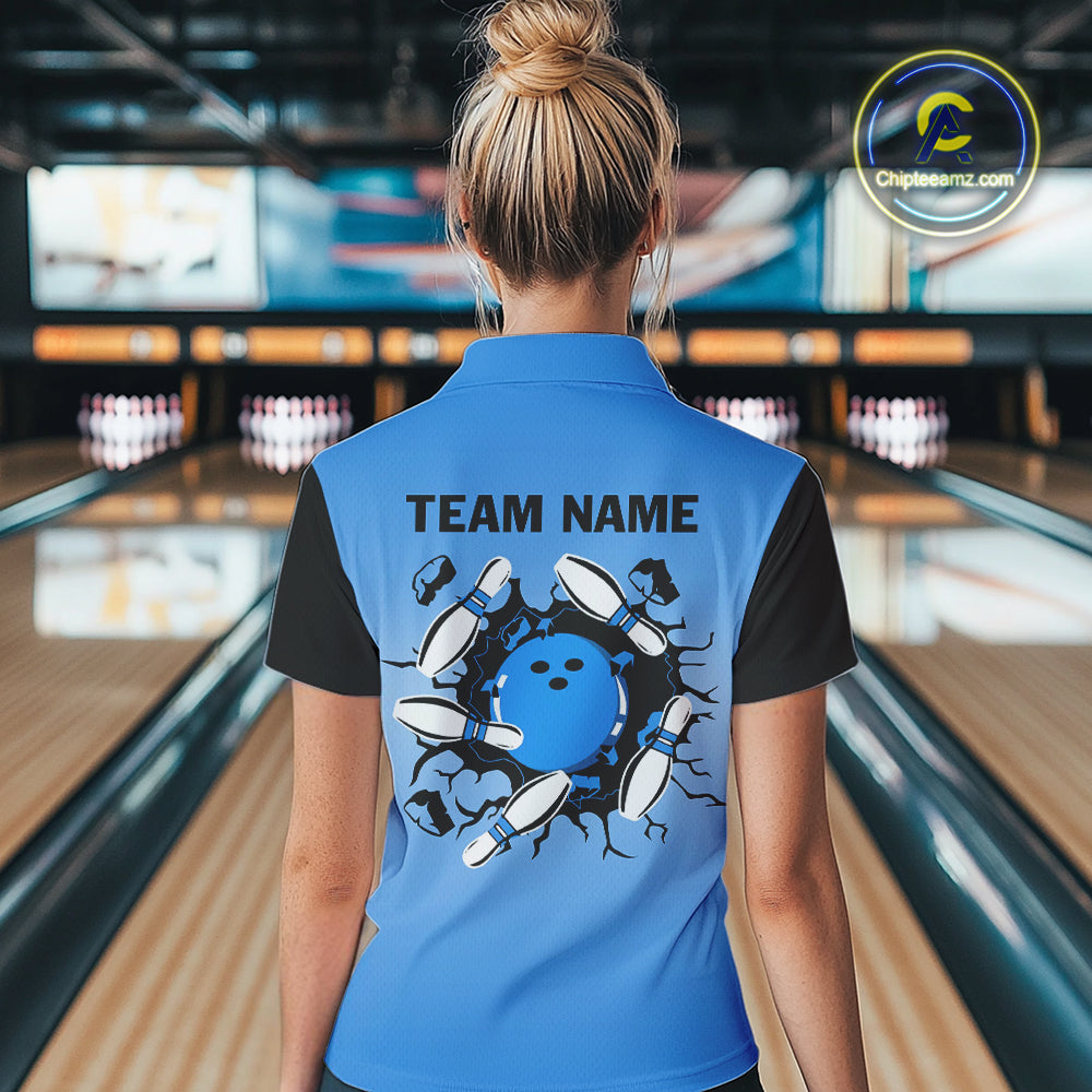 Personalized Black and Blue Retro Bowling Polo, Quarter Zip Team Shirts For Women Custom Bowling Gift NQS10459