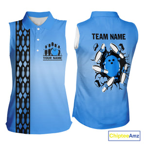Personalized Black and Blue Retro Bowling Sleeveless Polo Team Shirts For Women Custom Bowling Gift NQS10459