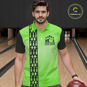 Personalized Black and Green Retro Bowling Polo, Quarter Zip Team Shirts For Men Custom Bowling Gifts NQS10460