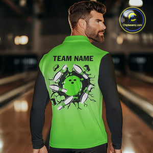 Personalized Black and Green Retro Bowling Polo, Quarter Zip Team Shirts For Men Custom Bowling Gifts NQS10460