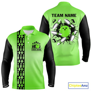 Personalized Black and Green Retro Bowling Polo, Quarter Zip Team Shirts For Men Custom Bowling Gifts NQS10460