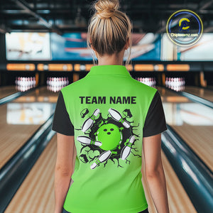 Personalized Black and Green Retro Bowling Polo, Quarter Zip Team Shirt For Women Custom Bowling Gift NQS10460
