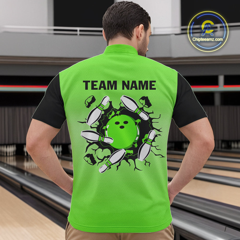 Personalized Black and Green Retro Bowling Polo, Quarter Zip Team Shirts For Men Custom Bowling Gifts NQS10460
