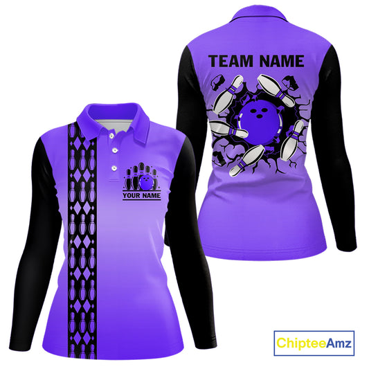 Personalized Black & Purple Retro Bowling Polo, Quarter Zip Team Shirt For Women Custom Bowling Gift NQS10461