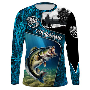 Bass fishing Blue camo UV protection Customize name long sleeves personalized gift for Adult, kid NQS853